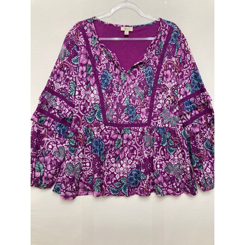 Style & Co Blouse Size XXL Purple Floral Peplum Boho Ruffle Sleeve V-Neck Relax